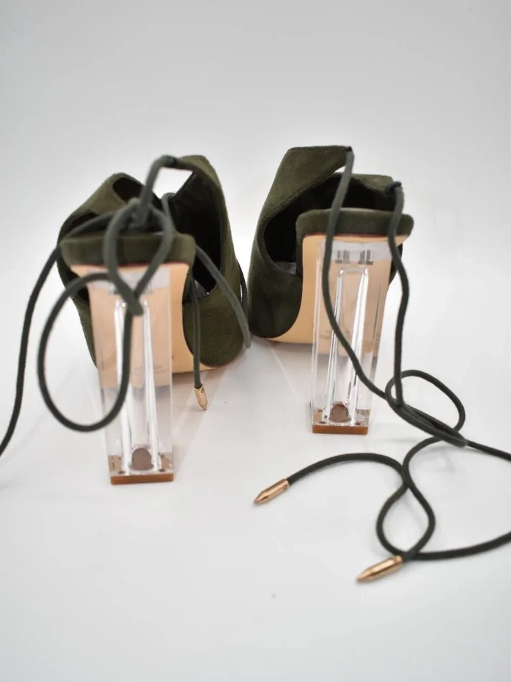 New w/ Box 7.5 Olive Green Olivia Jaymes Suede Clear Block Heel Lace Up Open Toe
